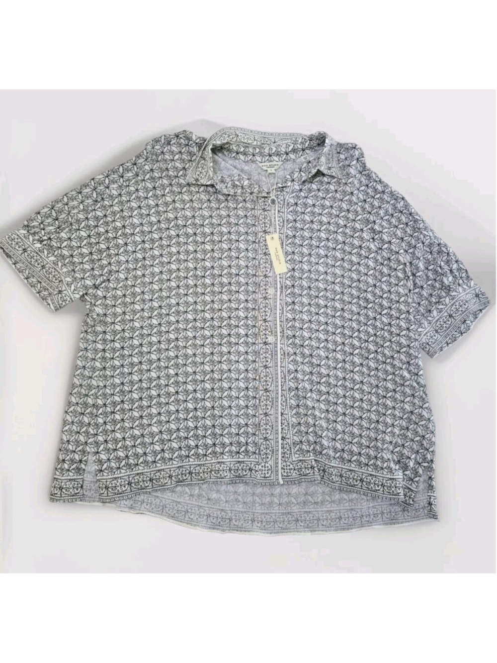 Max Studio Ivory & Blue Women Blouse Geometric Printed Button Up Size S NWT $98